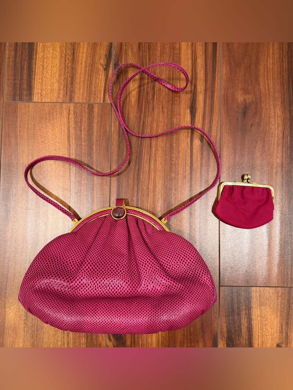 VTG Judith Leiber Magenta Lizard Bag Amethyst Cabochon Coin Purse